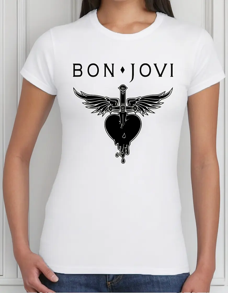 Camiseta Branca Feminina Baby Look Bon Jovi mlc