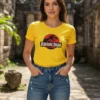 Camiseta Manga Curta Baby Look Feminina Jurassic Park Amarela