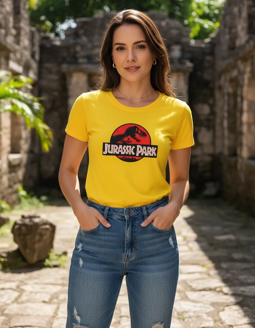 Camiseta Manga Curta Baby Look Feminina Jurassic Park Amarela