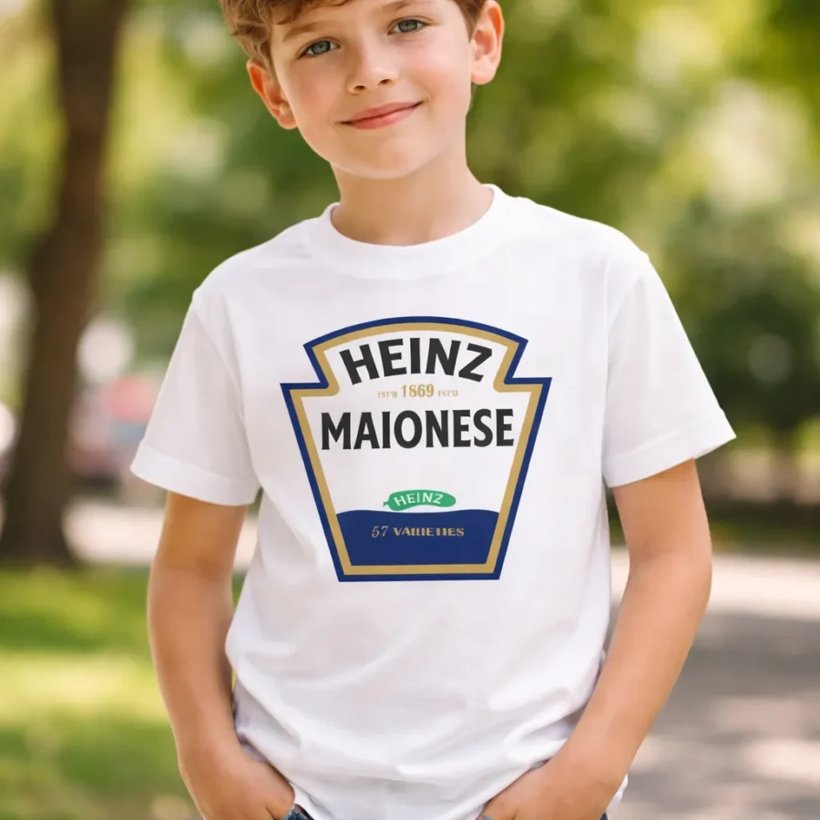 Camiseta Manga Curta Branca Infantil Unissex Heinz Maionese Silk Screen Manual T-shirt Premium Shopee