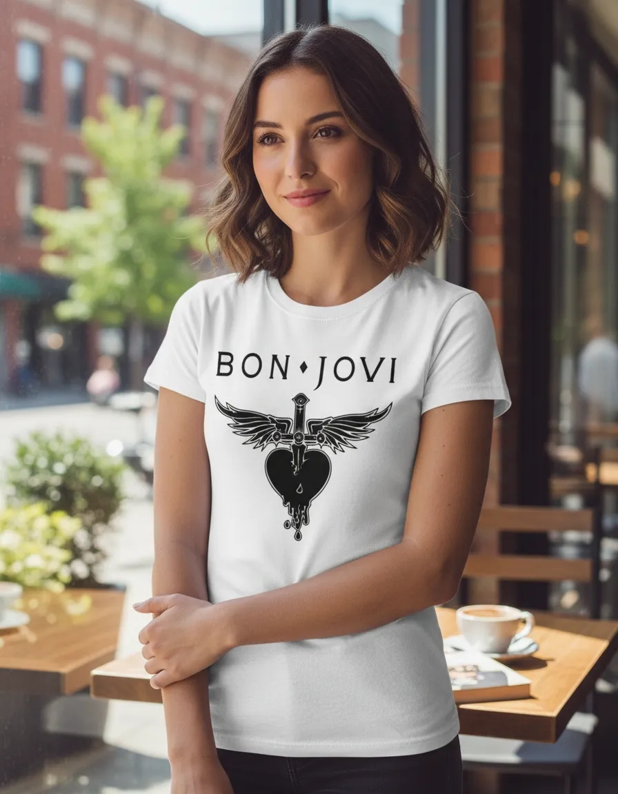 Camiseta Branca Feminina Baby Look Bon Jovi mlc