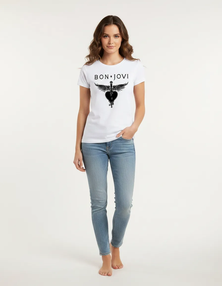 Camiseta Branca Feminina Baby Look Bon Jovi mlc