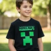Camiseta Preta Infantil Unissex Minecraft Creeper Logo Video Game