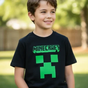 Camiseta Preta Infantil Unissex Minecraft Creeper Logo Video Game
