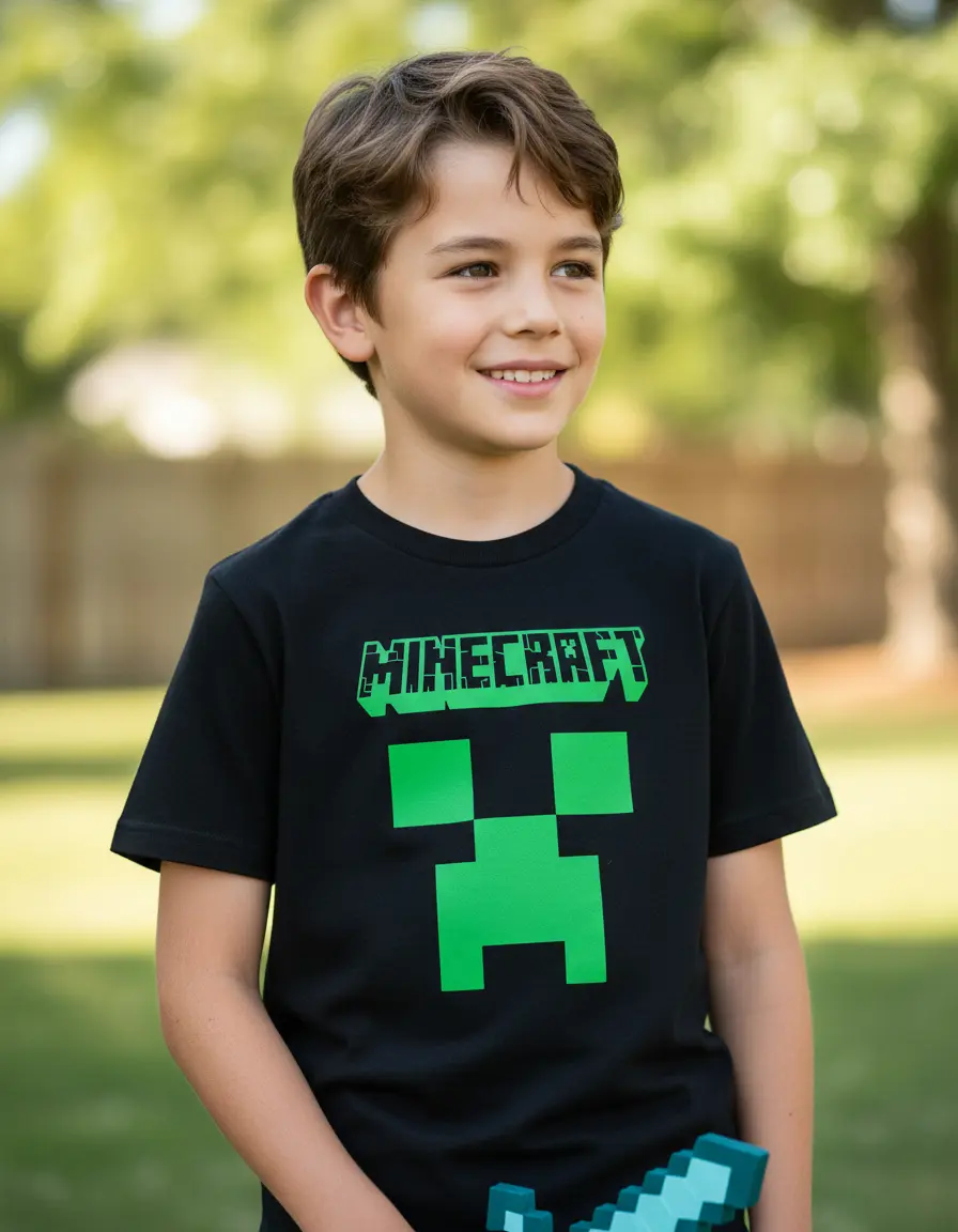 Camiseta Preta Infantil Unissex Minecraft Creeper Logo Video Game