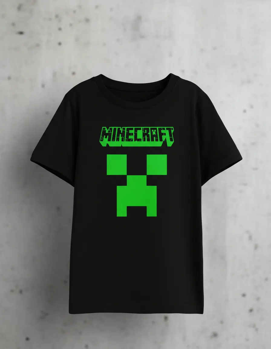 Camiseta Preta Infantil Unissex Minecraft Creeper Logo Video Game