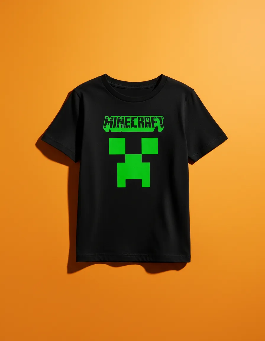 Camiseta Preta Infantil Unissex Minecraft Creeper Logo Video Game