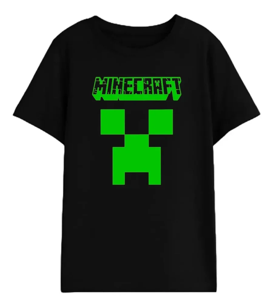 Camiseta Preta Infantil Unissex Minecraft Creeper Logo Video Game