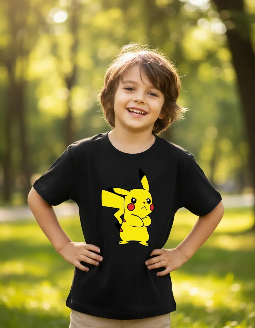 008 Camiseta Pokémon Pikachu Infantil Unissex Preta