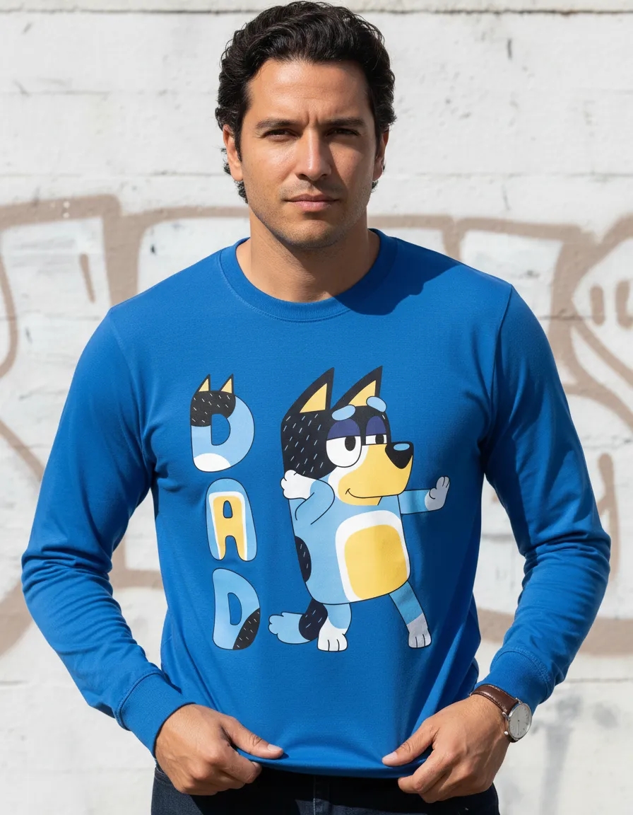 azul_01 Camiseta Manga Longa Bluey Personagem Bandit Pai