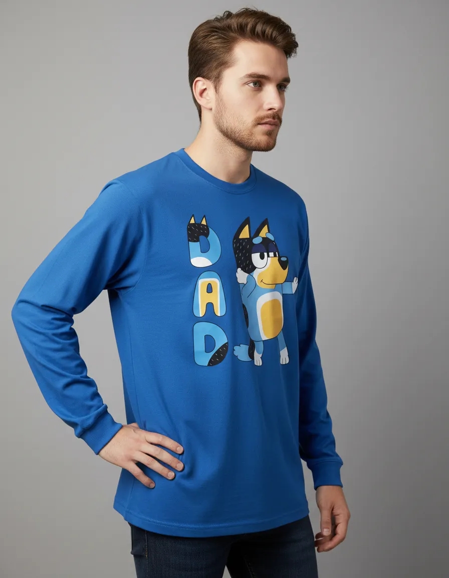 azul_04 Camiseta Manga Longa Bluey Personagem Bandit Pai