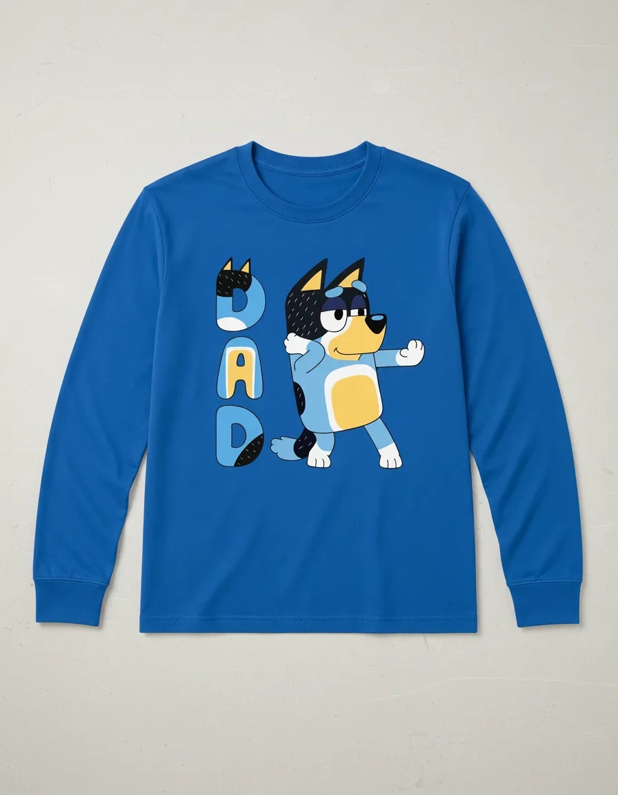 azul_05 Camiseta Manga Longa Bluey Personagem Bandit Pai