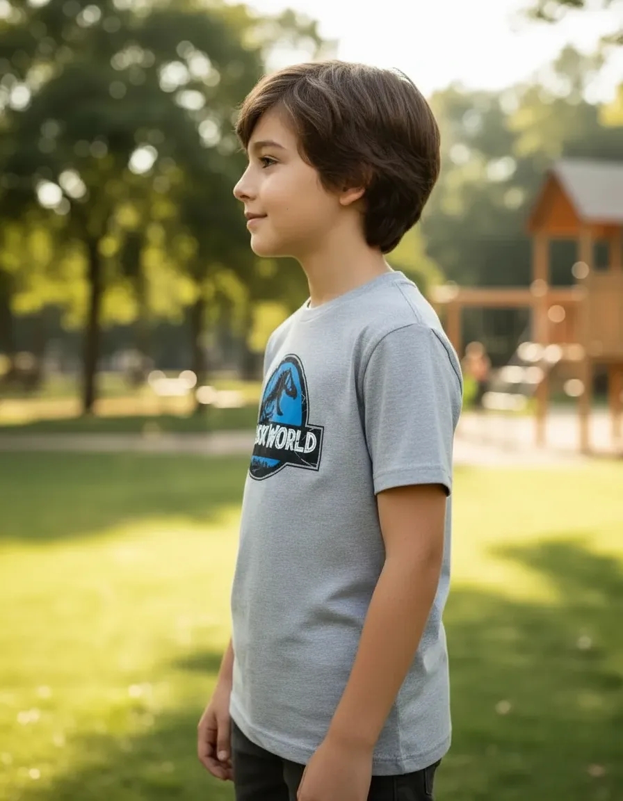 Camiseta Infantil Jurassic World Dinossauro Cinza Mescla