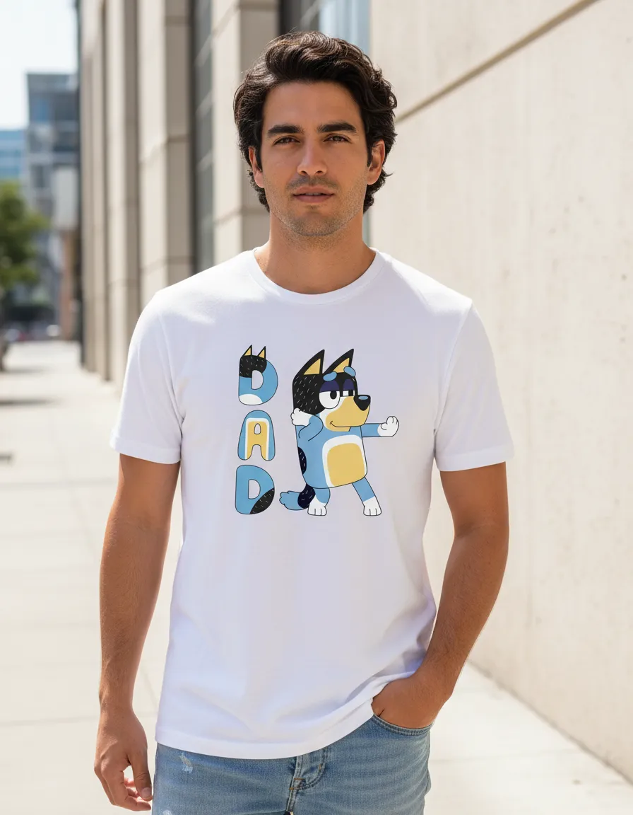 Camiseta Adulto Unissex Manga Curta Malha PV Branca Bluey Pai Bandit Estampa Silk Screen Manual Premium