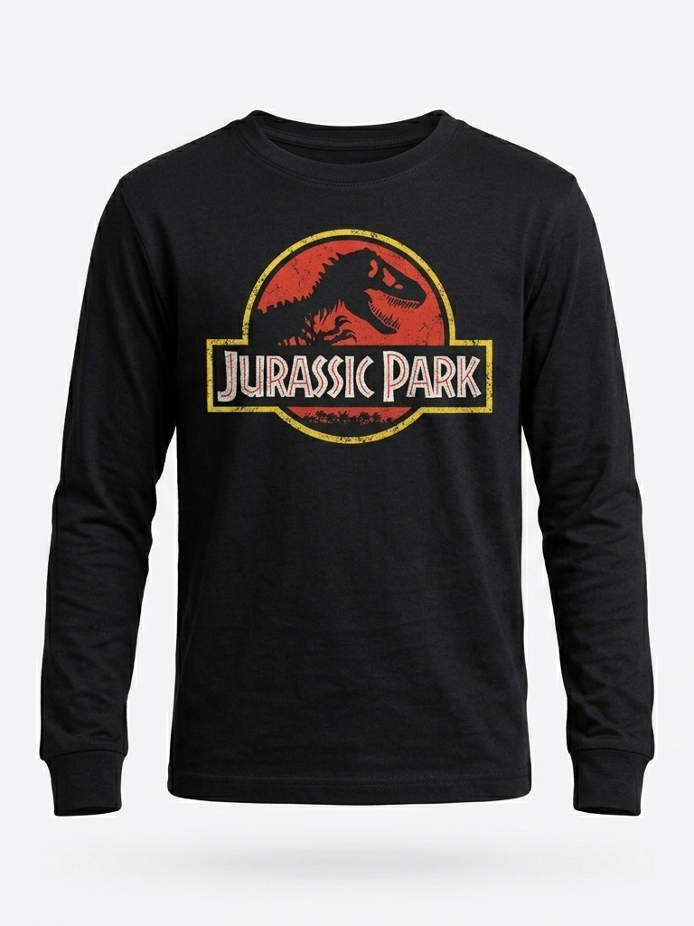 Camiseta Infantil Blusa Manga Comprida Jurassic Park Preta  Silk Scren Manual Premium