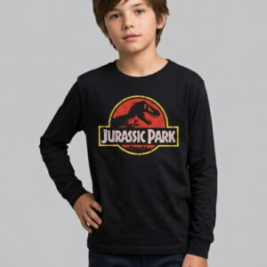 Camiseta Infantil Blusa Manga Comprida Jurassic Park Preta  Silk Scren Manual Premium