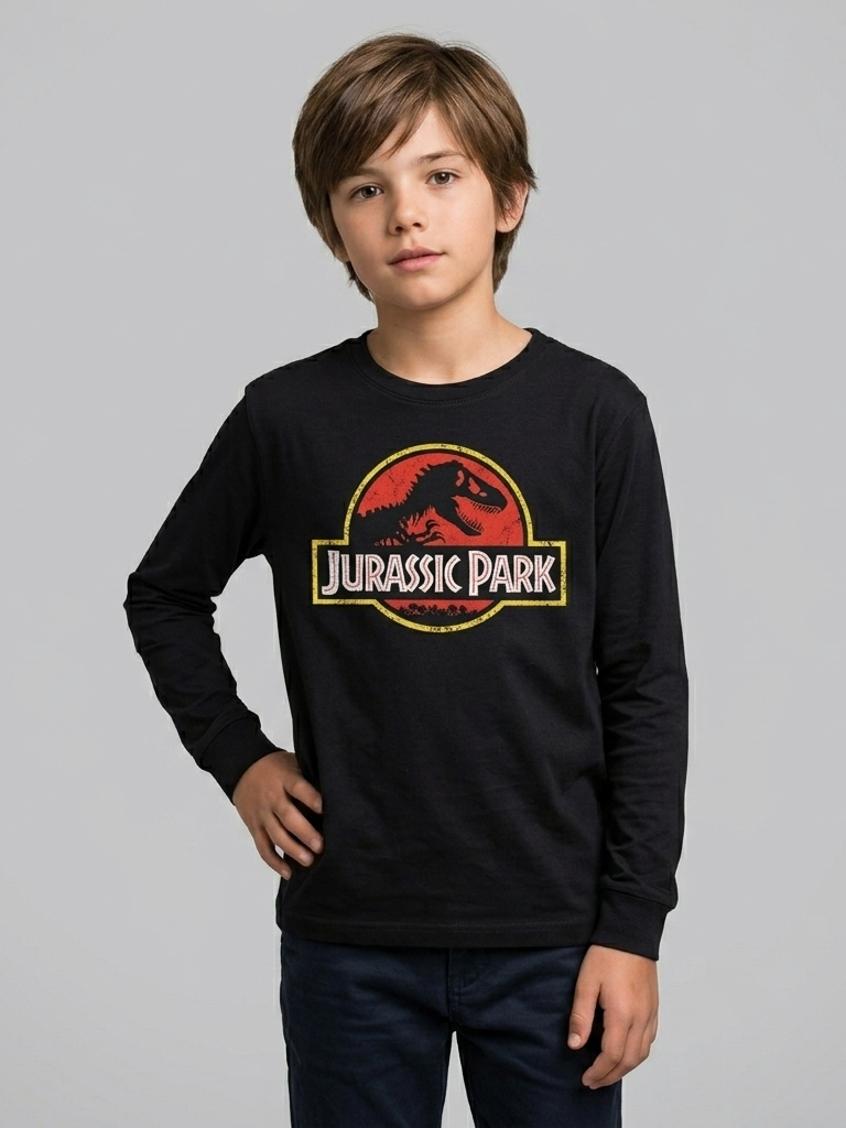 Camiseta Infantil Blusa Manga Comprida Jurassic Park Preta  Silk Scren Manual Premium