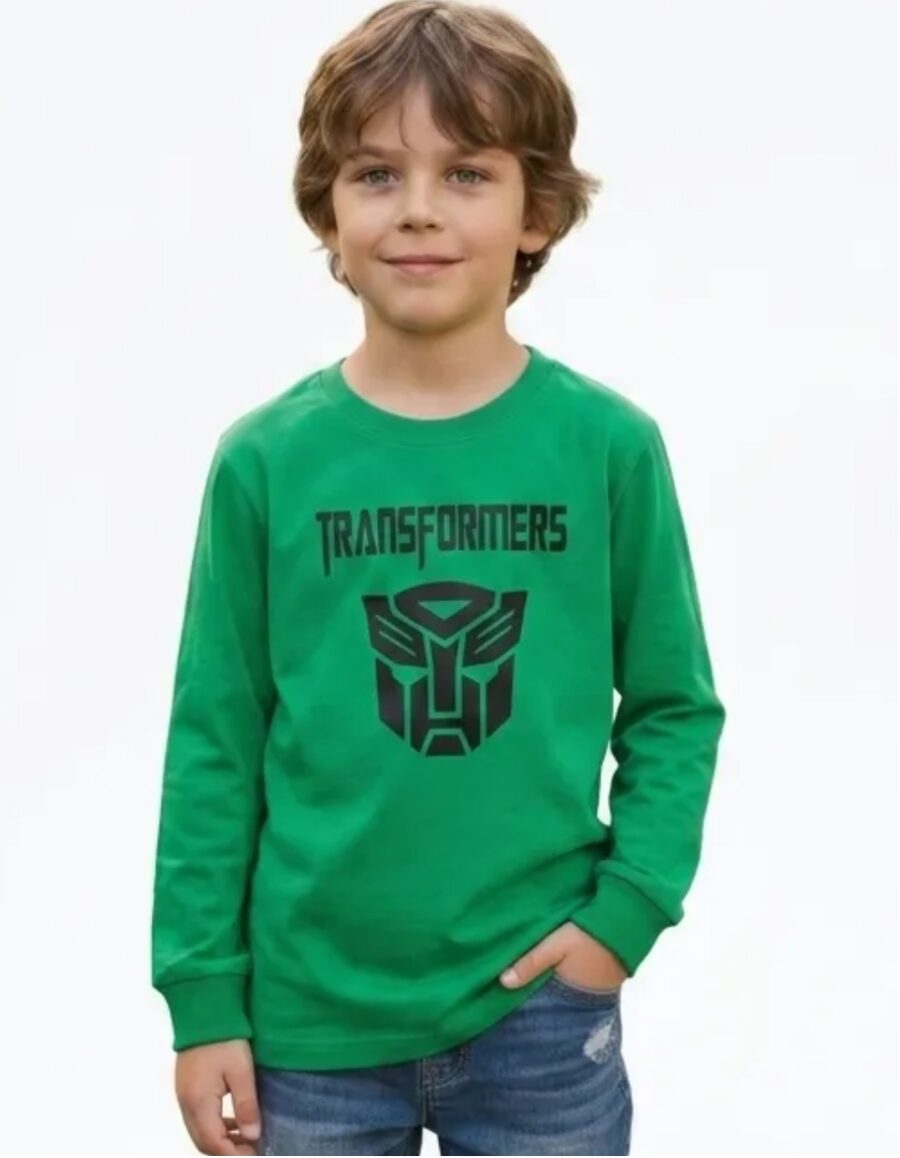2 Camiseta Infantil Manga Comprida Longa Malha PV Verde Transformers Estampa Silk Screen Manual Prime