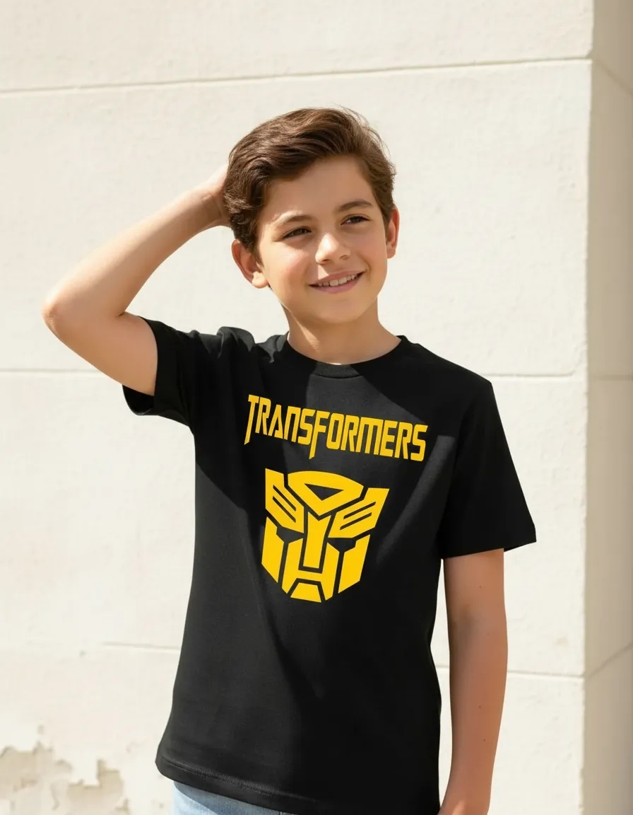 Camiseta Manga Curta Malha PV Infantil Unissex Preta Transformers Logo Amarelo Silk Screen Manual mlr