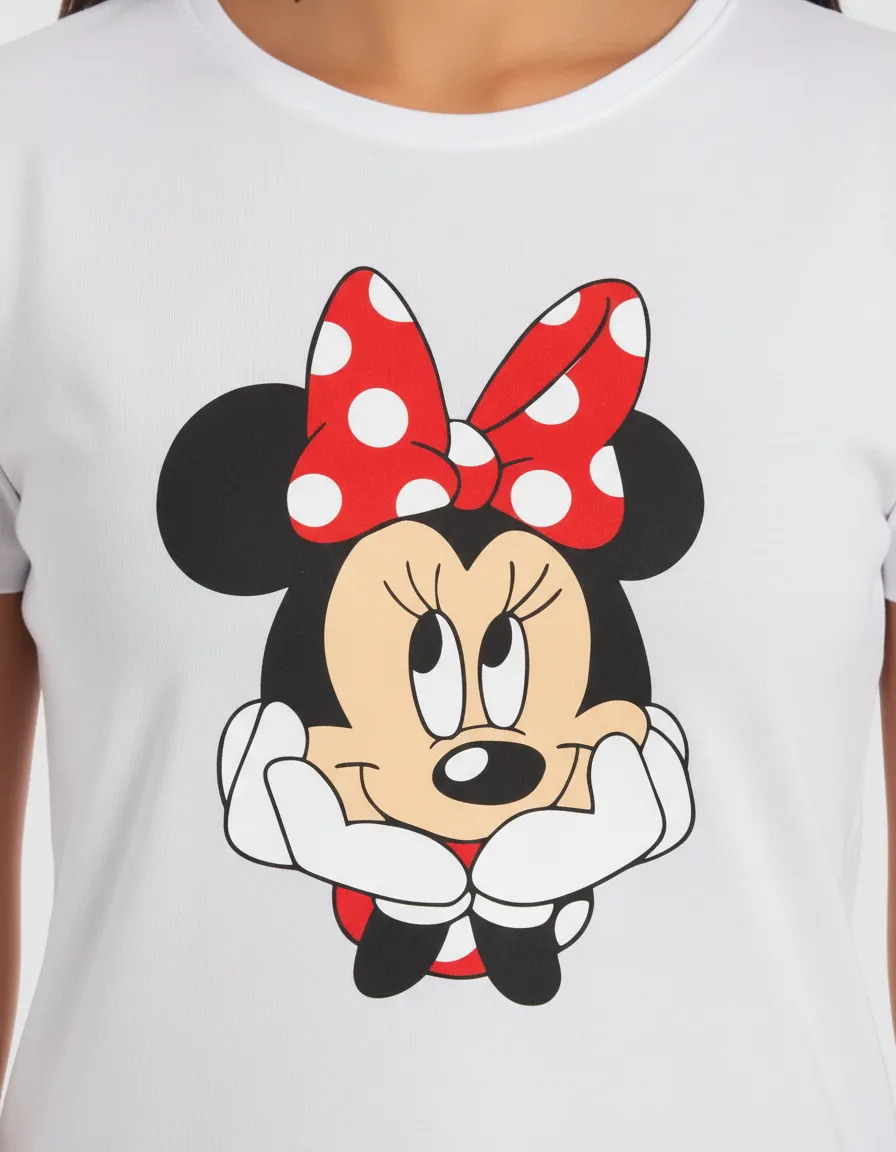 Camiseta Manga Curta Adulto Baby Look Feminina Branca Minnie Mouse mlr