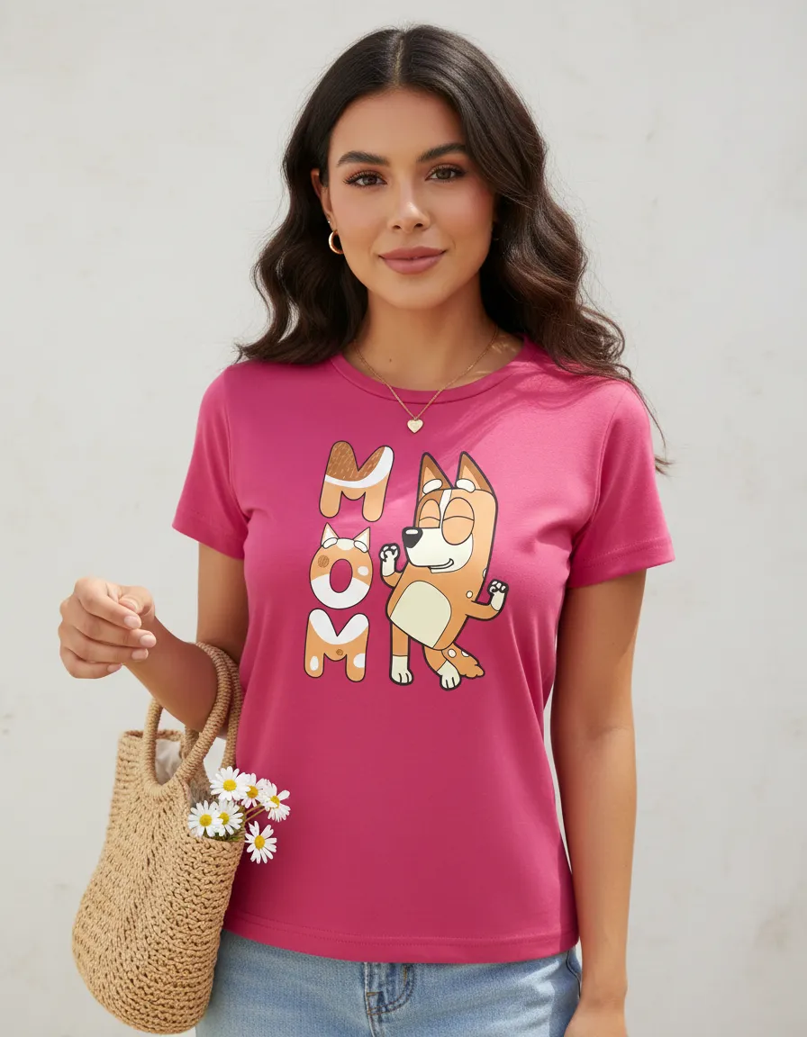 Camiseta Rosa Manga Curta Baby Look Bluey Mãe Chilli mlc