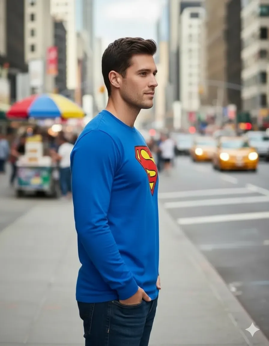 Camiseta Manga Comprida Longa Adulto Unissex Azul Super Homem Silk Screen Manual Premium mlc