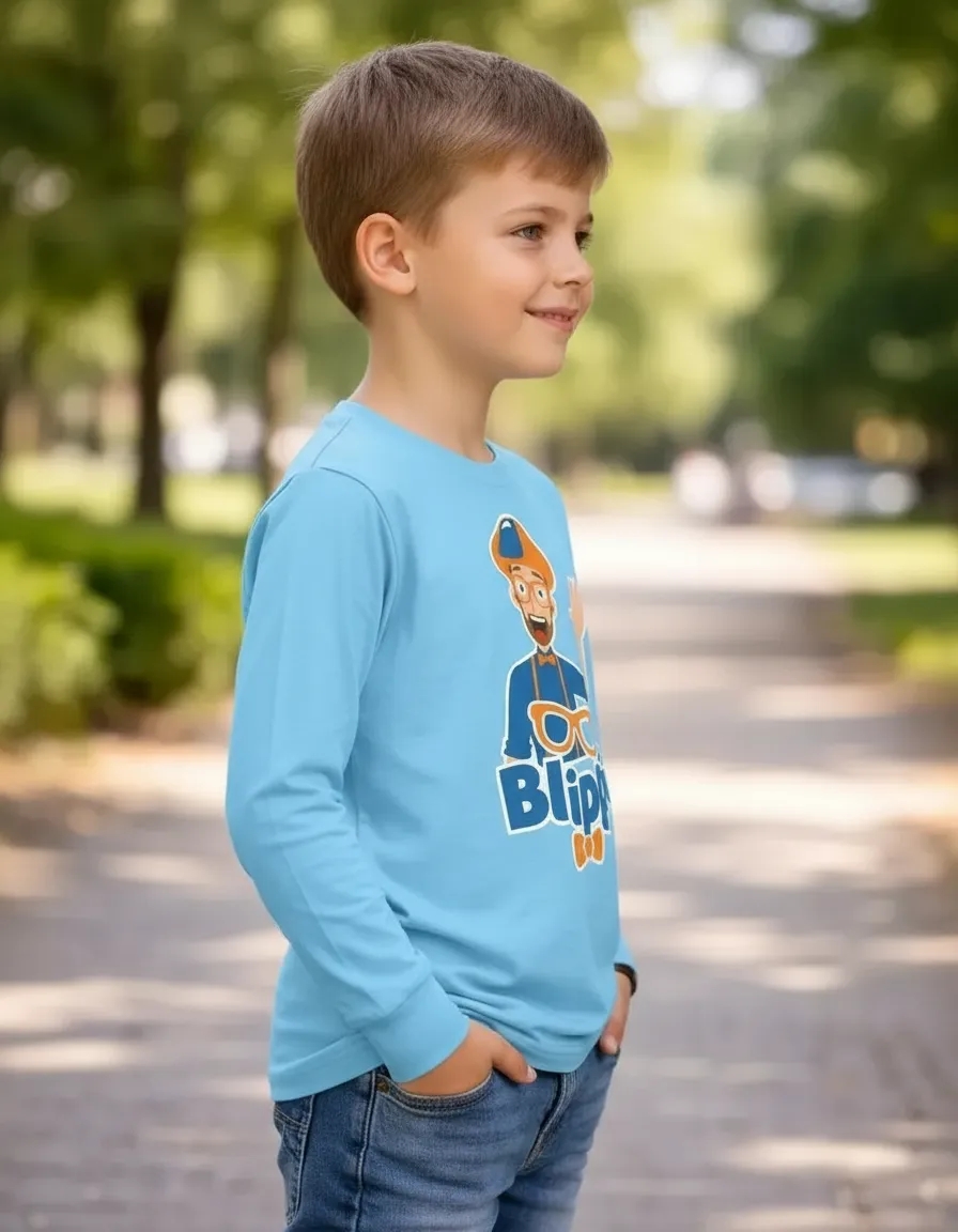 Camiseta Azul Turquesa Blippi Infantil Manga Comprida Unissex T-shirt Premium spe