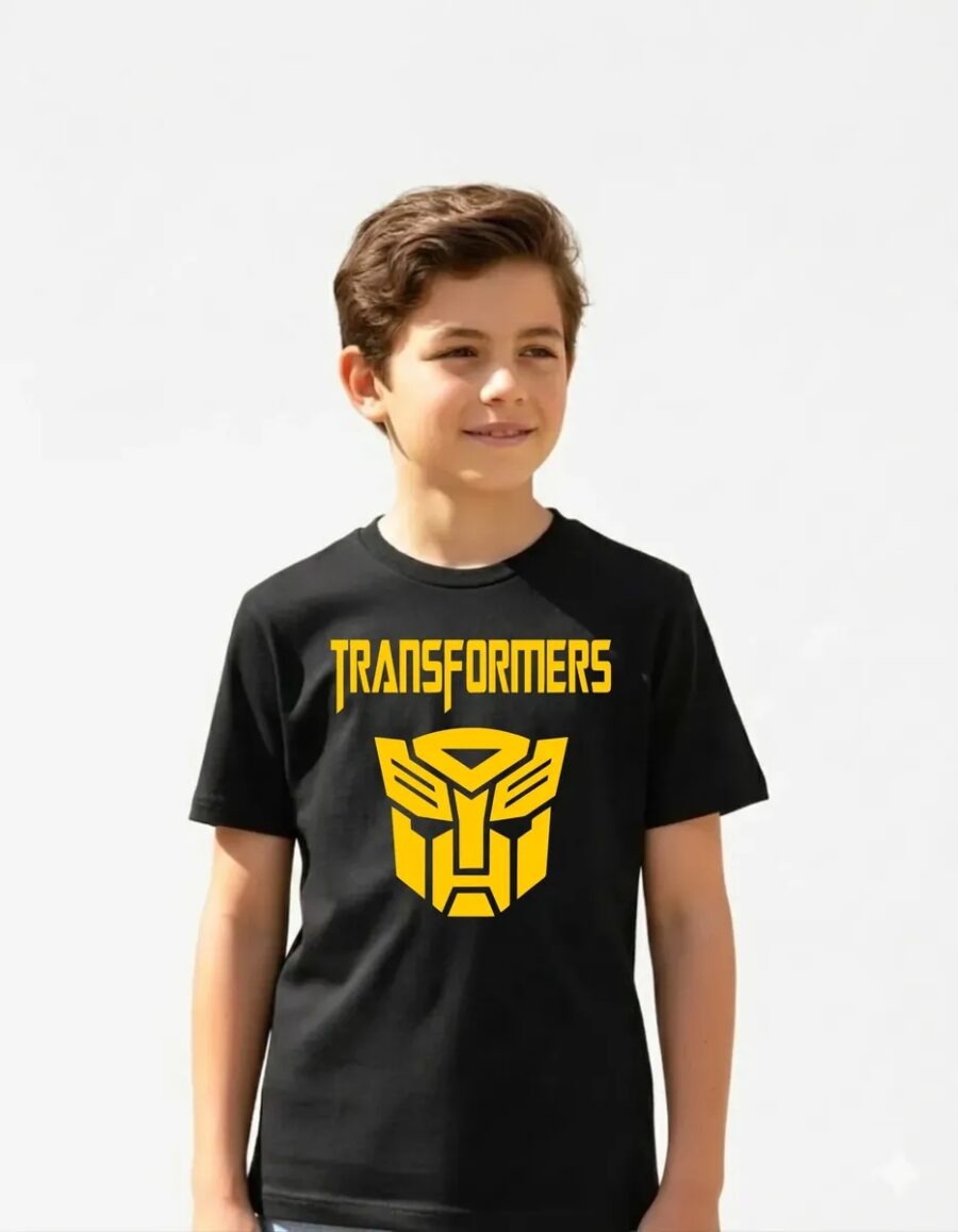 Camiseta Manga Curta Malha PV Infantil Unissex Preta Transformers Logo Amarelo Silk Screen Manual mlr
