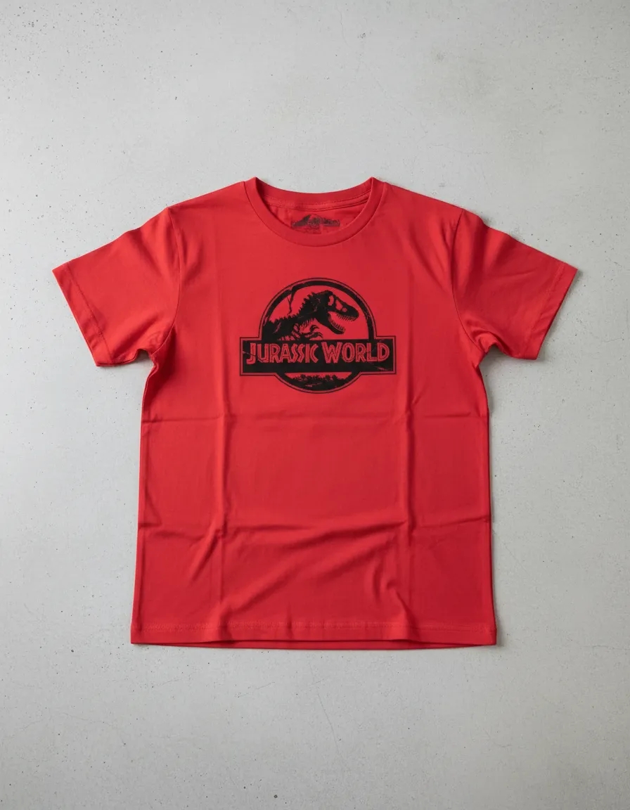 D_NQ_NP_2X_704435-MLA114408868885_072026-F Camiseta Manga Curta Malha PV Infantil Unissex Vermelha Jurassic World Silhueta Estampa Silk Screen