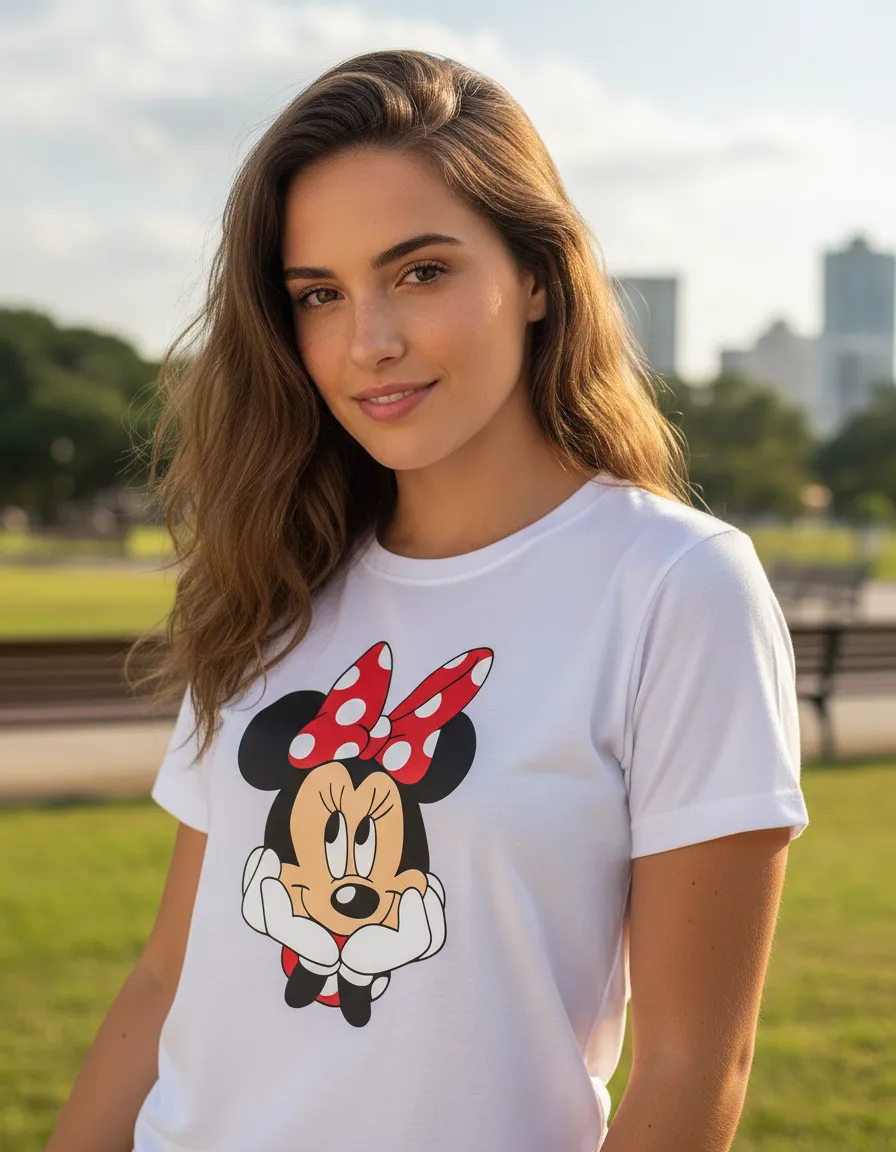 Camiseta Manga Curta Adulto Baby Look Feminina Branca Minnie Mouse mlr