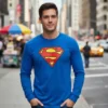 Camiseta Manga Comprida Longa Adulto Unissex Azul Super Homem Silk Screen Manual Premium mlc