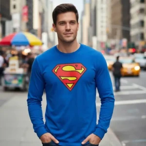 Camiseta Manga Comprida Longa Adulto Unissex Azul Super Homem Silk Screen Manual Premium mlc