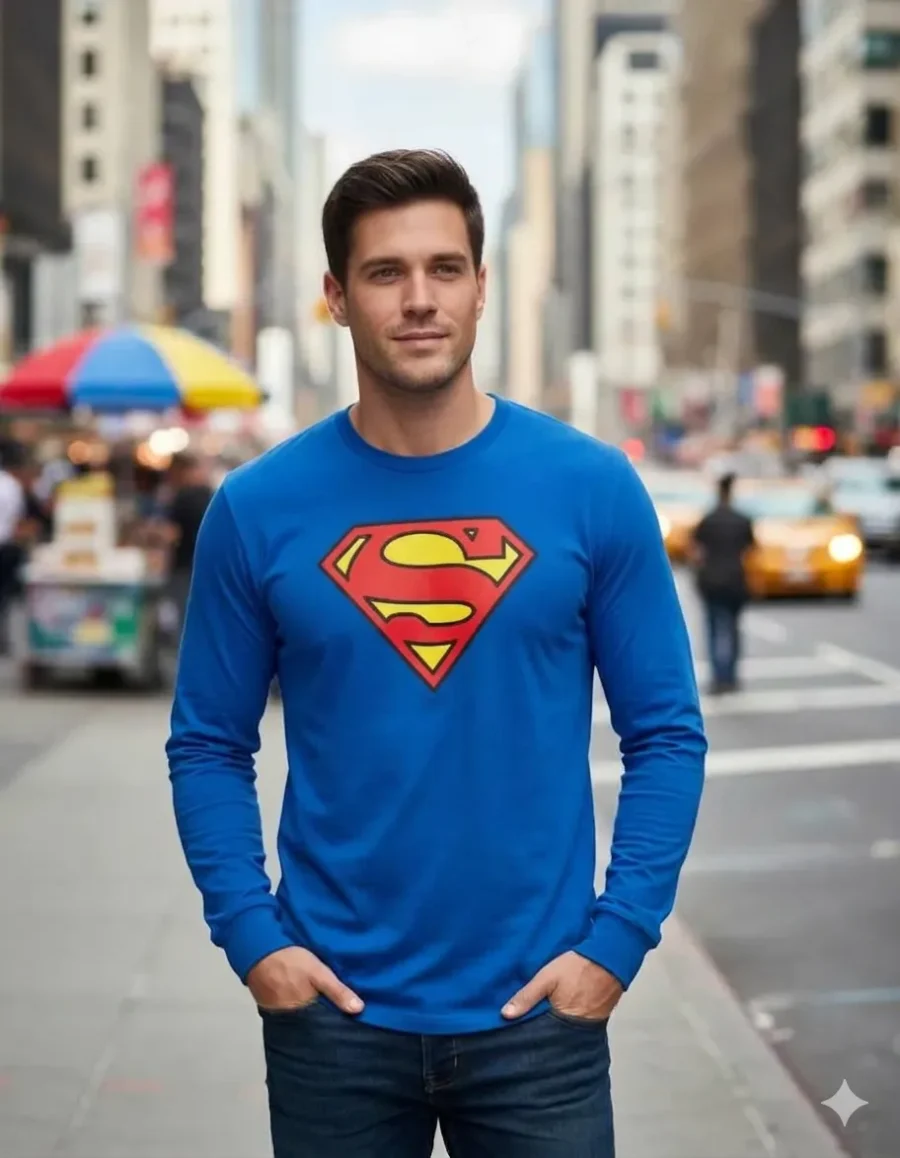 Camiseta Manga Comprida Longa Adulto Unissex Azul Super Homem Silk Screen Manual Premium mlc