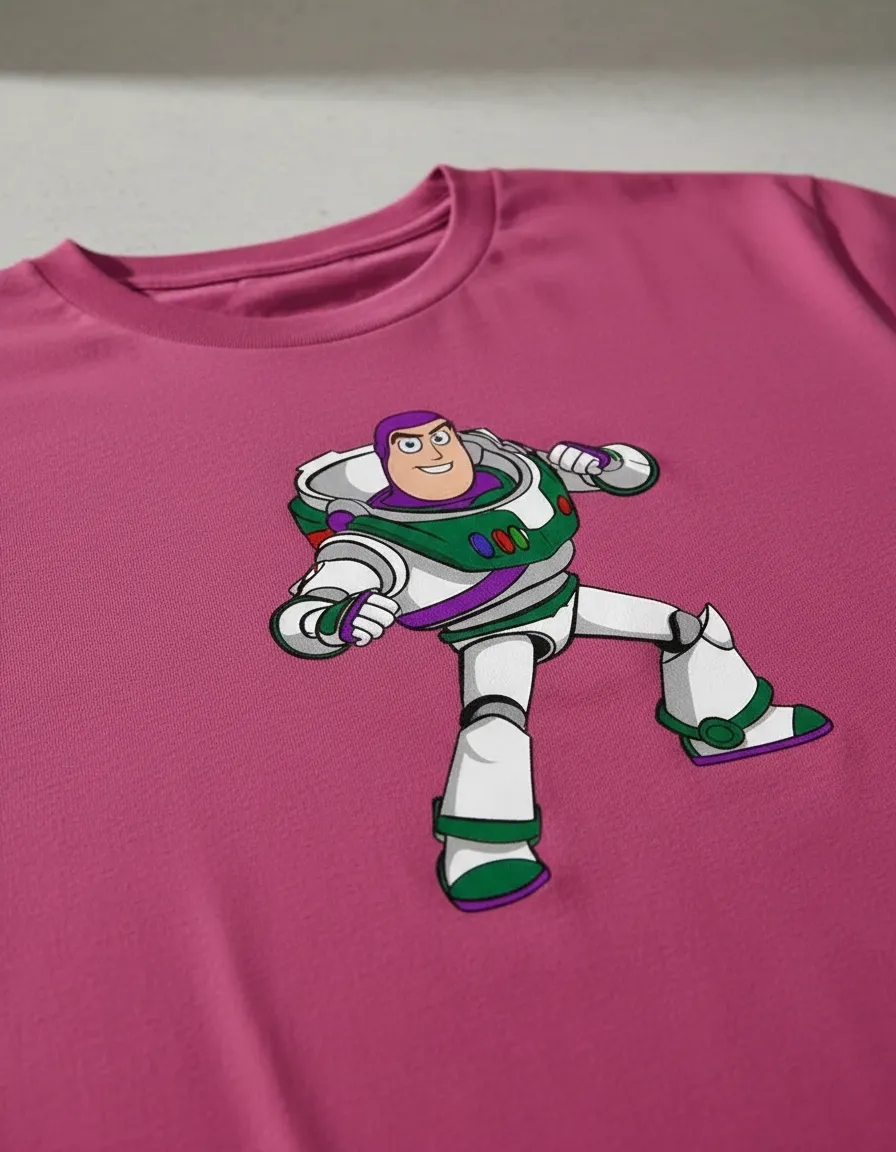 Camiseta Malha PV Manga Curta Adulto Unissex Rosa Buzz Lightyear Toy Story Estampa Silk Screen Manual Prime mlc