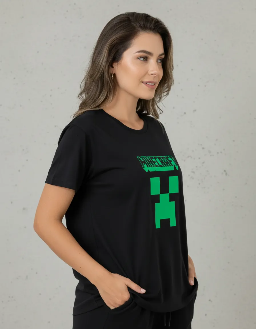 Camiseta Manga Curta Baby Look Feminina Preta Minecraft Creeper mlr
