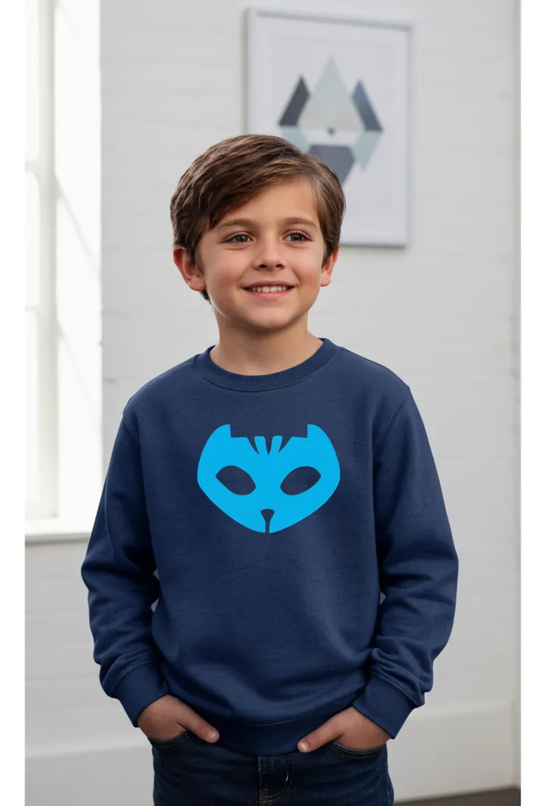 Moletom Infantil Unissex Azul Menino Gato Pj Masks Estampa Silk Screen Manual mlc
