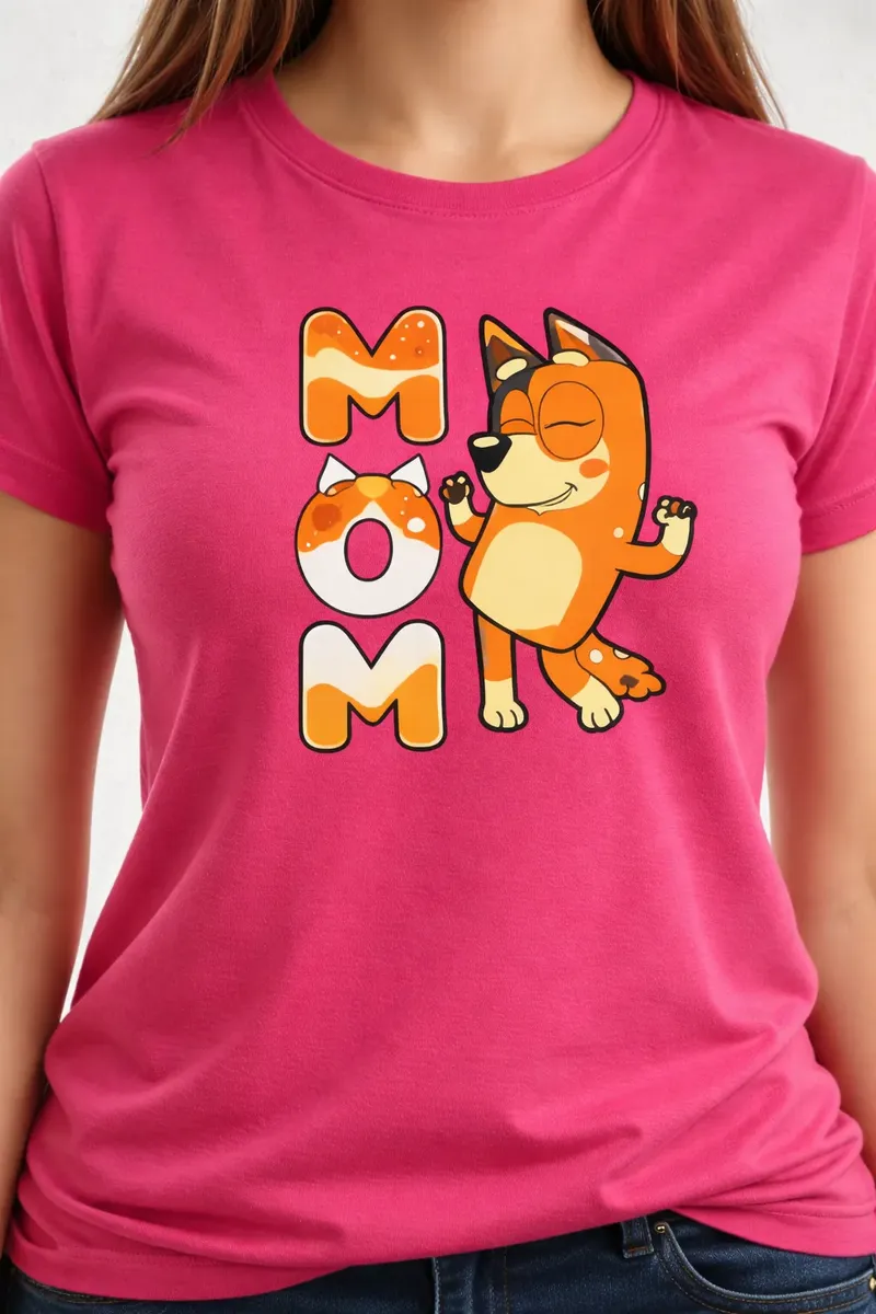 D_NQ_NP_2X_761194-MLA109822145072_042026-F Camiseta Malha PV Manga Curta Baby Look Feminina Rosa Bluey Mãe Chilli
