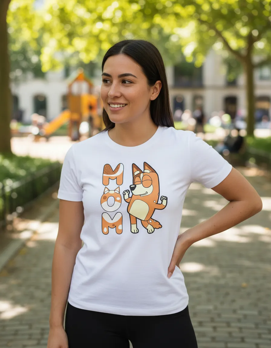 Camiseta Bluey Chilli Mãe Baby Look ( Branca )