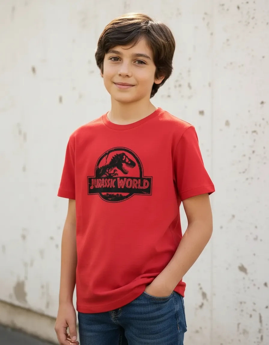 D_NQ_NP_2X_779355-MLA114408249333_072026-F Camiseta Manga Curta Malha PV Infantil Unissex Vermelha Jurassic World Silhueta Estampa Silk Screen