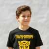 Camiseta Manga Curta Malha PV Infantil Unissex Preta Transformers Logo Amarelo Silk Screen Manual mlr