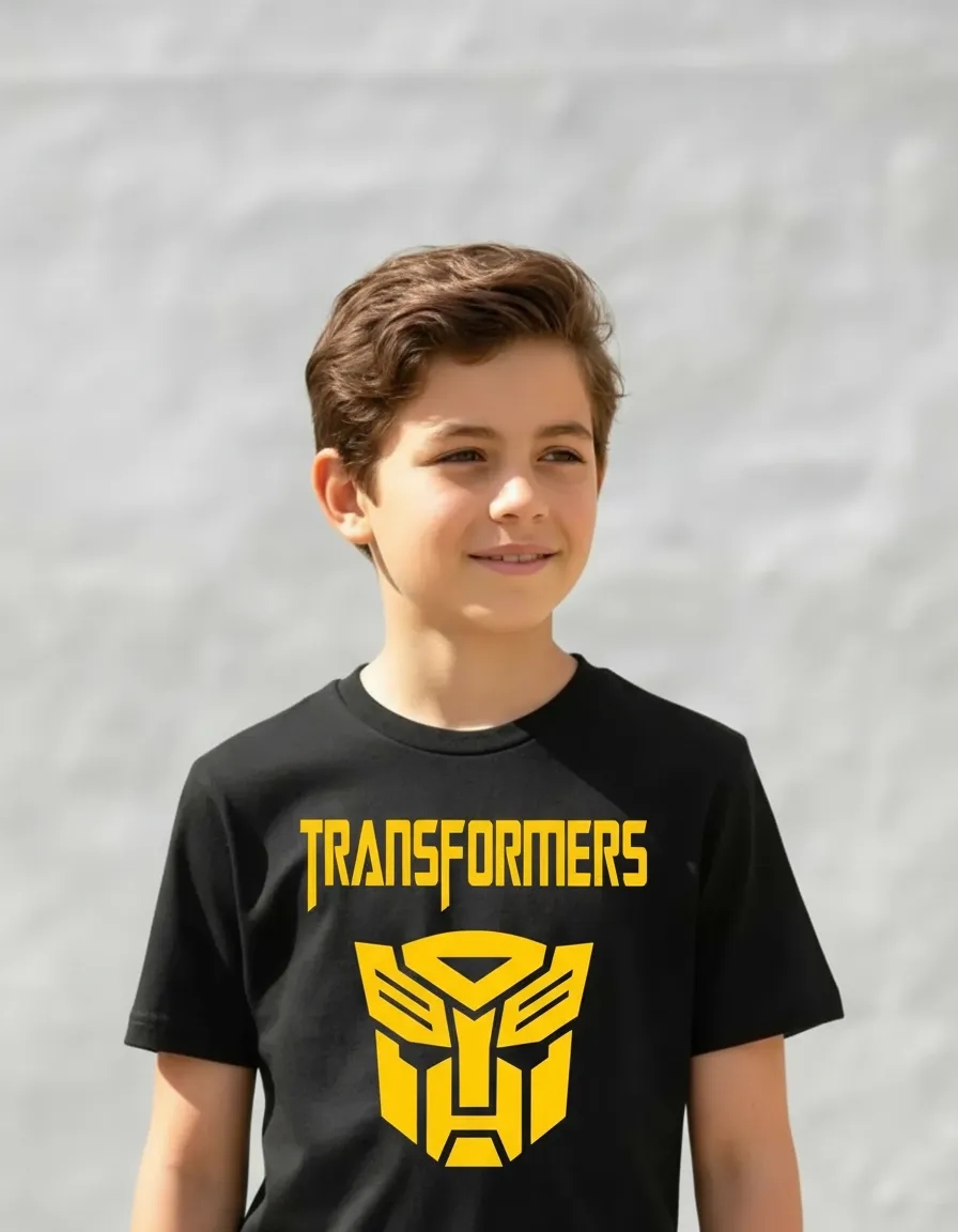 Camiseta Manga Curta Malha PV Infantil Unissex Preta Transformers Logo Amarelo Silk Screen Manual mlr