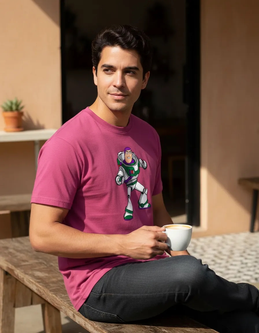 Camiseta Malha PV Manga Curta Adulto Unissex Rosa Buzz Lightyear Toy Story Estampa Silk Screen Manual Prime mlc