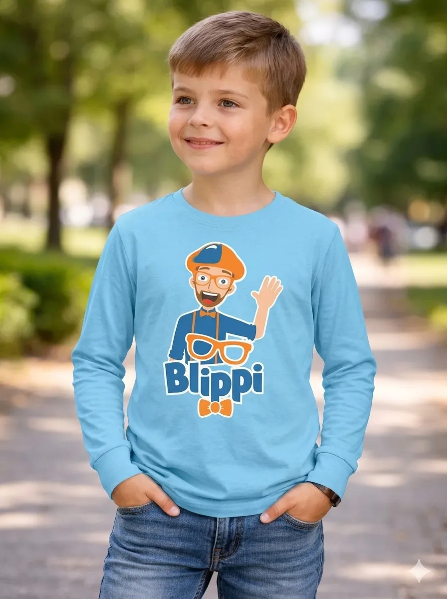 Camiseta Azul Turquesa Blippi Infantil Manga Comprida Unissex T-shirt Premium spe