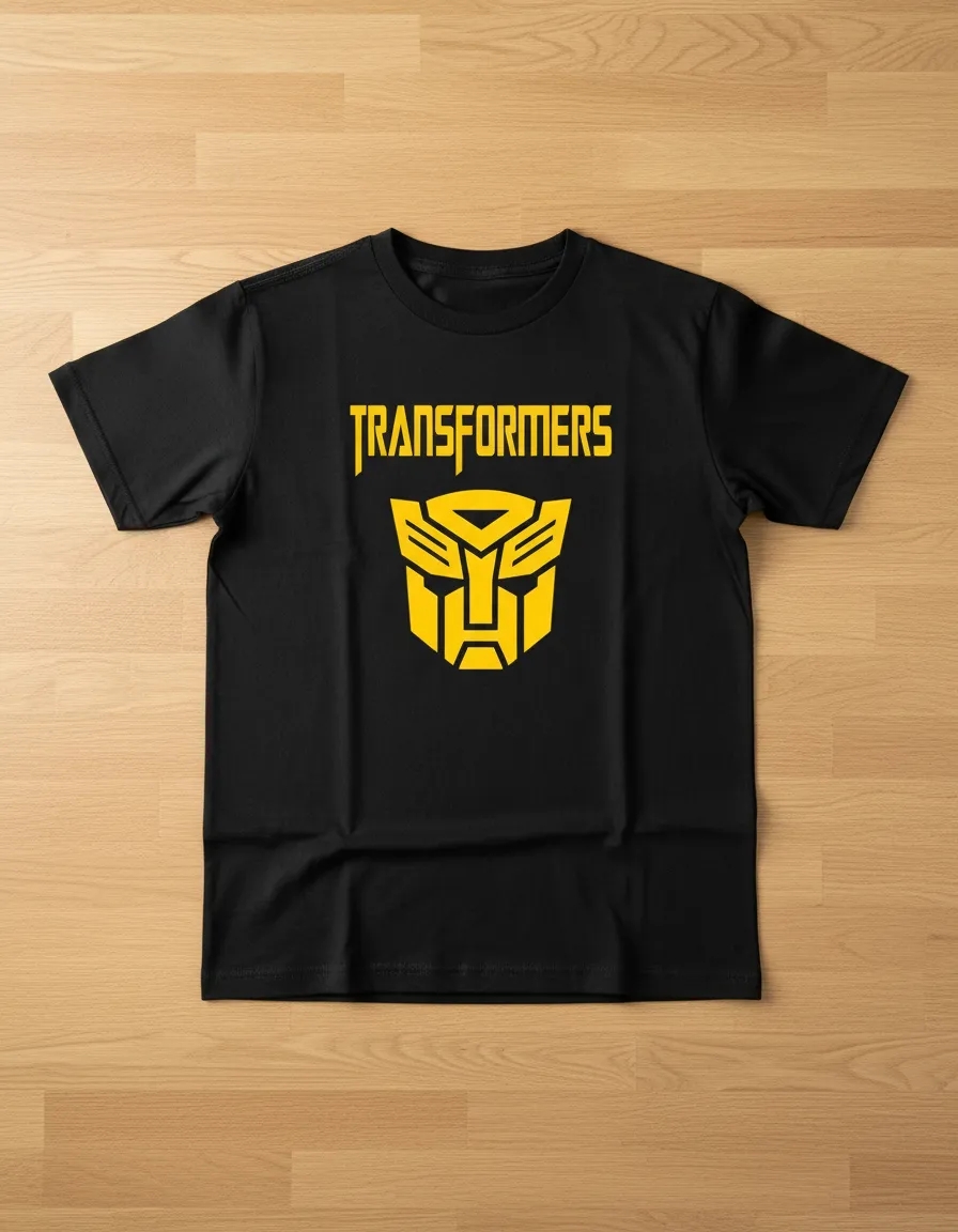 Camiseta Manga Curta Malha PV Infantil Unissex Preta Transformers Logo Amarelo Silk Screen Manual mlr