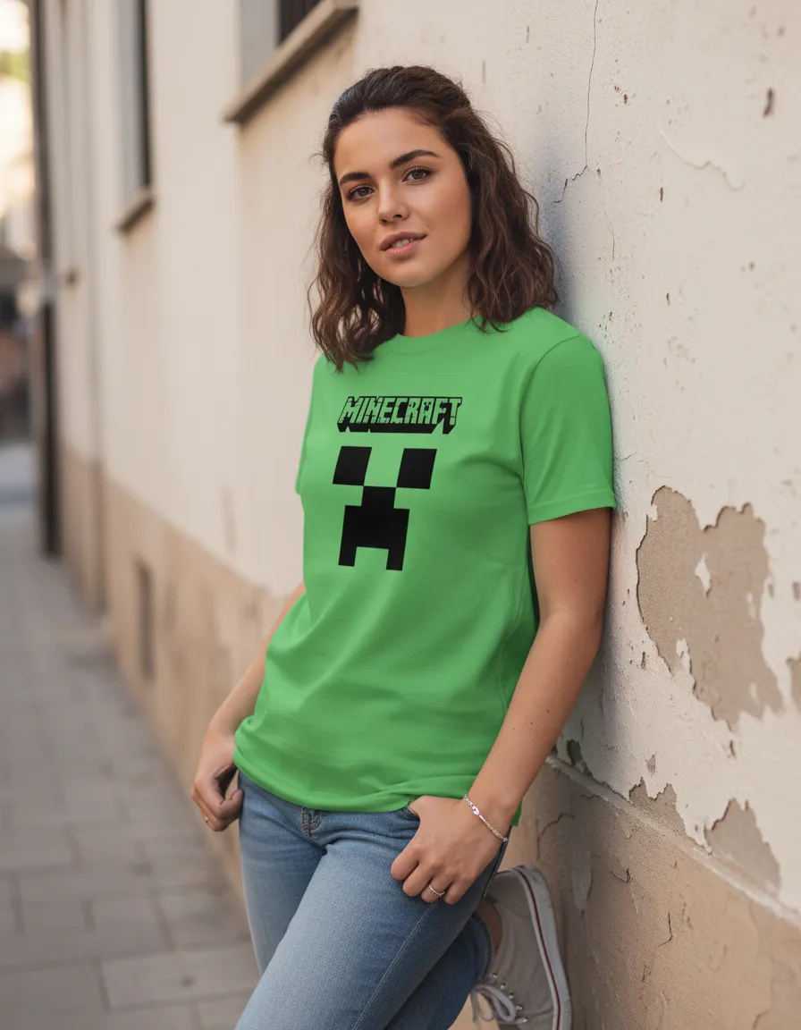 Camiseta Manga Curta Baby Look Feminina Verde Minecraft Creeper