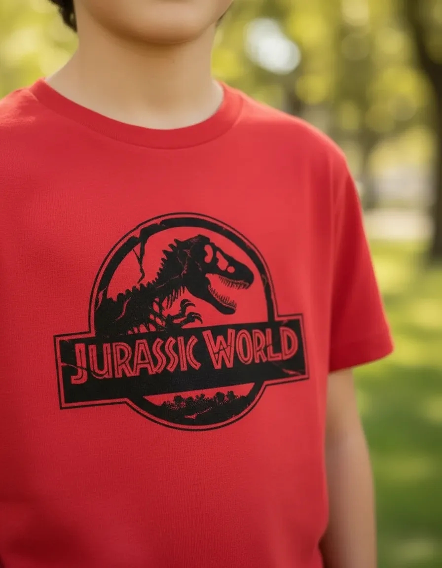 D_NQ_NP_2X_858127-MLA114408662319_072026-F Camiseta Manga Curta Malha PV Infantil Unissex Vermelha Jurassic World Silhueta Estampa Silk Screen