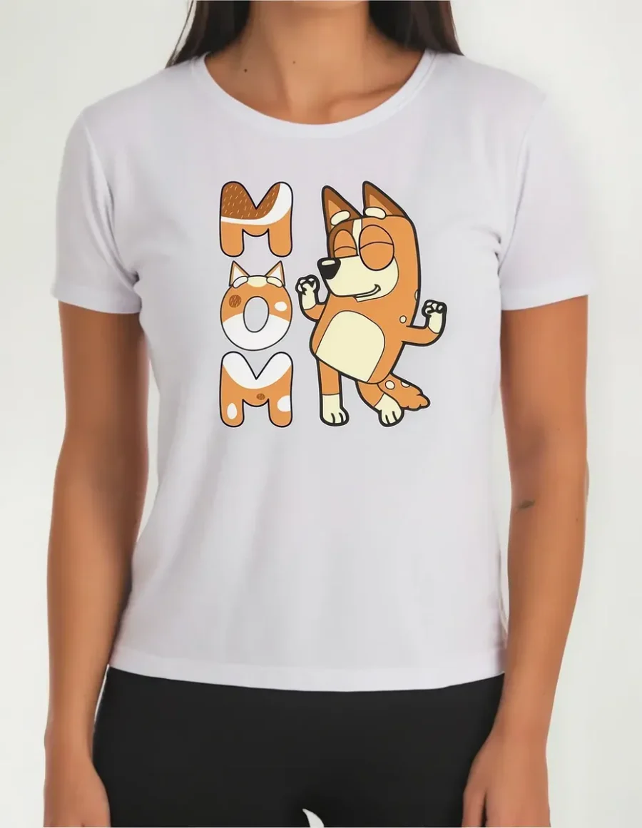Camiseta Bluey Chilli Mãe Baby Look ( Branca )