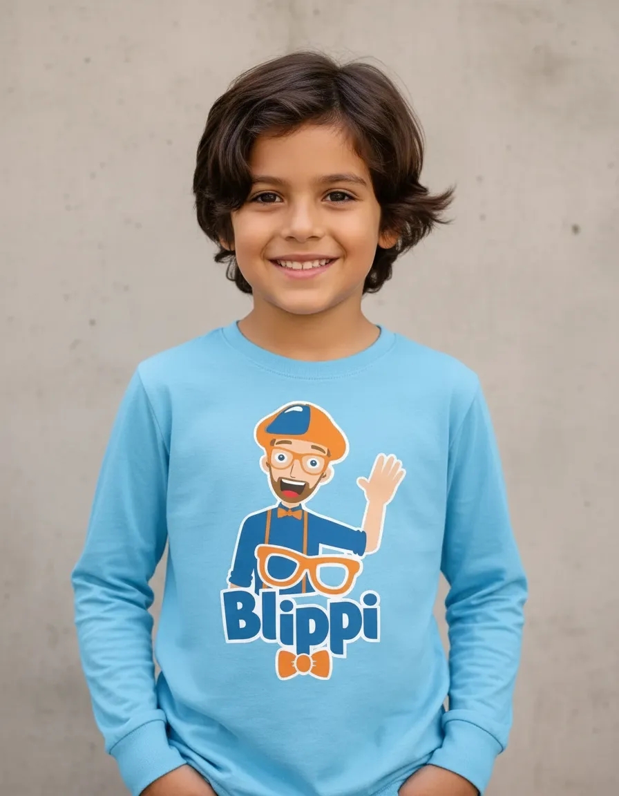 Camiseta Azul Turquesa Blippi Infantil Manga Comprida Unissex T-shirt Premium spe