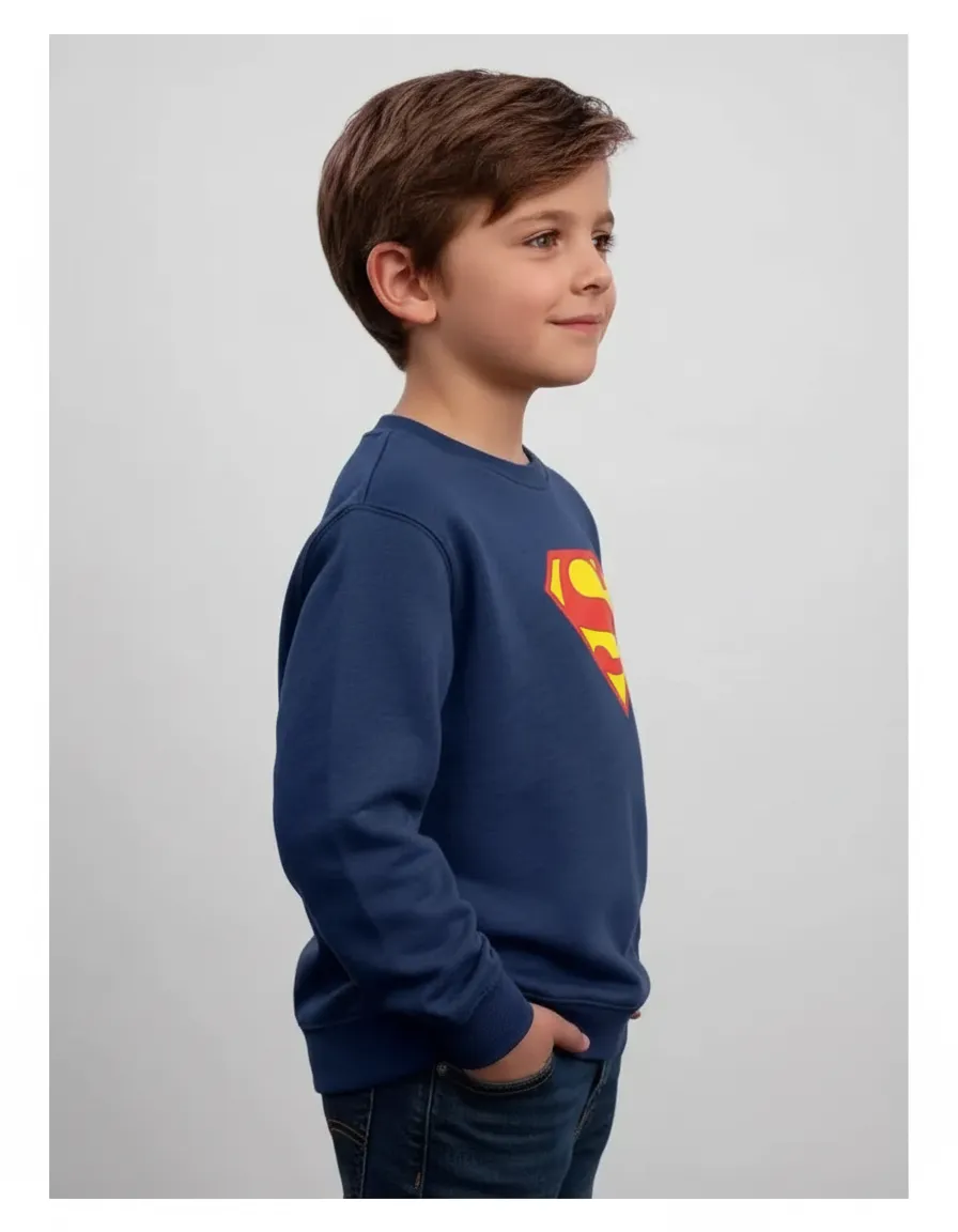 D_NQ_NP_2X_895502-MLA112587686639_062026-F Blusa Moletom Algodão Flanelado Infantil Unissex Silk Screen Manual Premium Super Homem Cor Azul Marinho