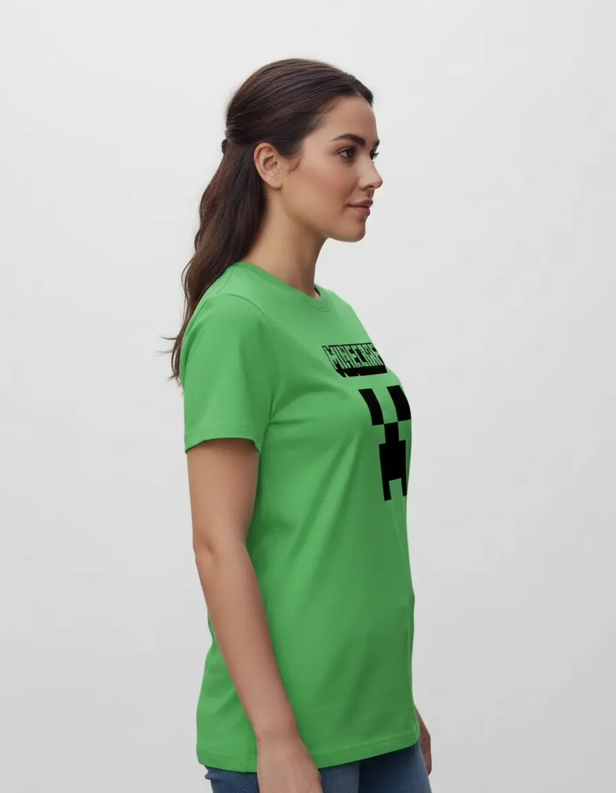 Camiseta Manga Curta Baby Look Feminina Verde Minecraft Creeper
